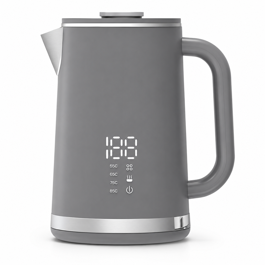 Gray electric kettle, 1.7L stainless steel kettle, 1500W rapid heating, with LED display, adjustable temperature, double-walled anti-scalding design, automatic power-off function, black.