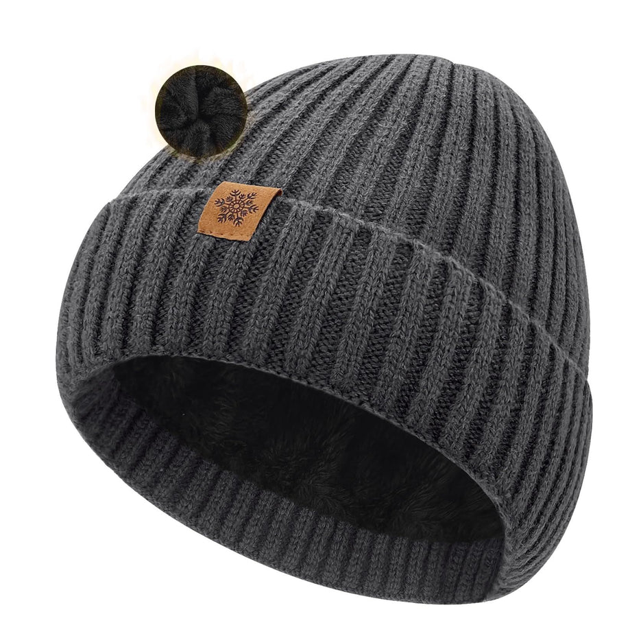 Unisex dark gray warm knitted winter hat, fleece lining, soft and warm, ski hat, narrow brim, suitable for cold weather.