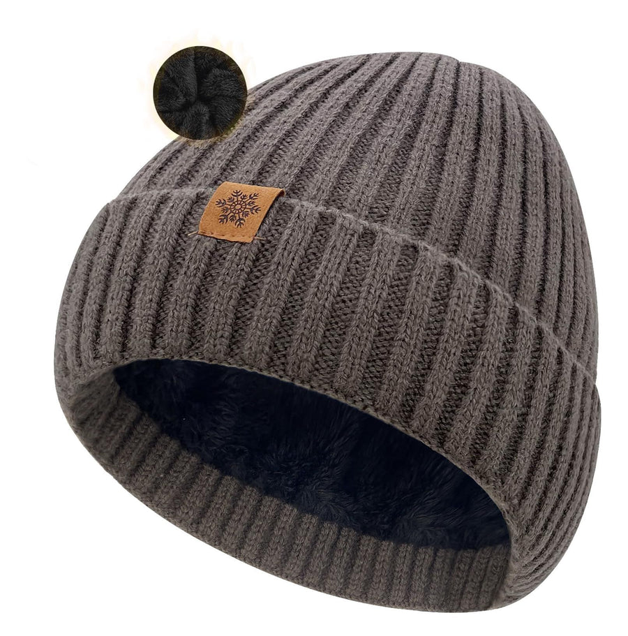 Unisex brown warm knitted winter hat, fleece lining, soft and warm, ski hat, narrow brim, suitable for cold weather.