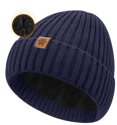 Unisex navy blue warm knitted winter hat, fleece lining, soft and warm, ski hat, narrow brim, suitable for cold weather.