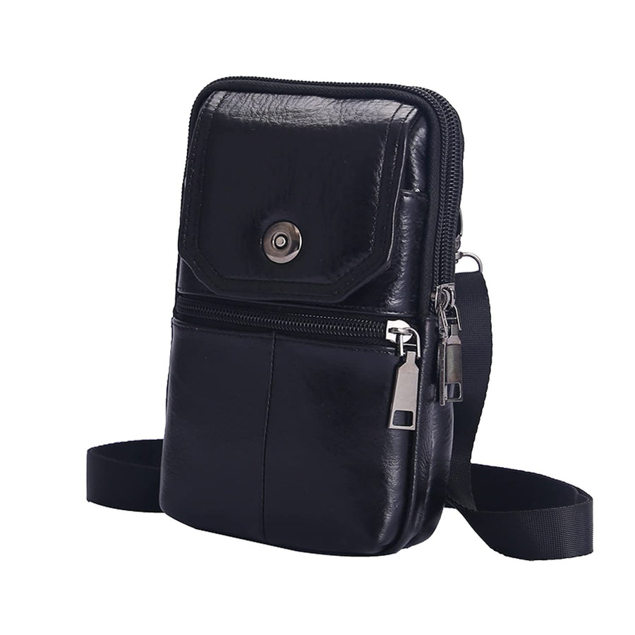 Black genuine Leather Men’s Crossbody Waist Bag, Multifunctional Belt Pouch, Portable Outdoor Phone & ID Card Holder, Casual Fanny Pack for Daily‑use