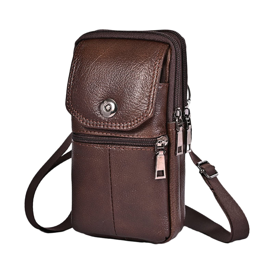 Coffee genuine Leather Men’s Crossbody Waist Bag, Multifunctional Belt Pouch, Portable Outdoor Phone & ID Card Holder, Casual Fanny Pack for Daily‑use
