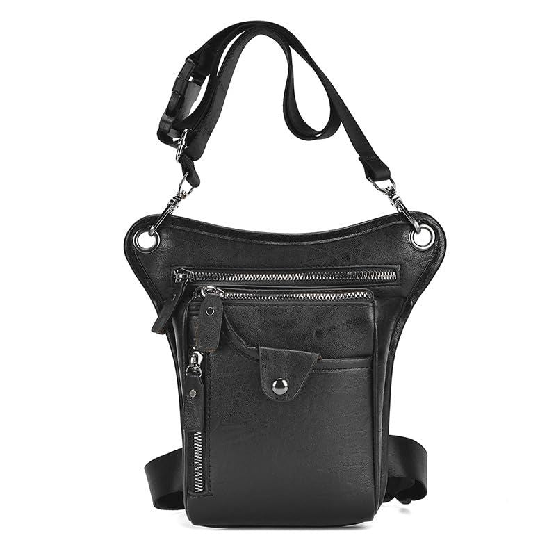 Black men's Genuine Leather Outdoor Sporting Hiking Waist Hip Pack Messenger Shoulder Drop Leg Thigh Bag Pouches