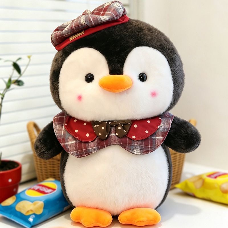 23cm red checkered cute penguin plush toy with hat, plush animal doll, cute penguin toy, Christmas gift, birthday gift, home decoration