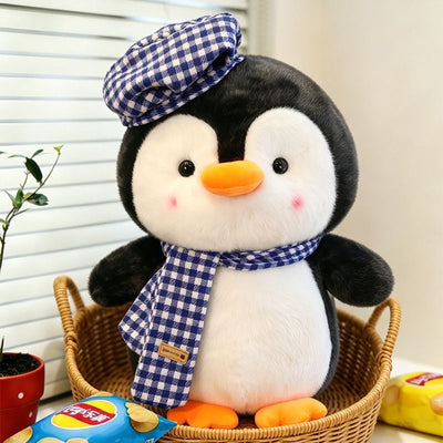 30cm Blue Grid Cute Penguin Plush Toy with Hat, Plush Animal Doll, Cute Penguin Toy, Christmas Gift, Birthday Gift, Home Decoration