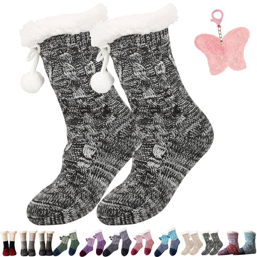 Mixed black extra-thick knitted slippers and socks for winter, fluffy cashmere warm floor socks, non-slip, comfortable and warm indoor socks, unisex.