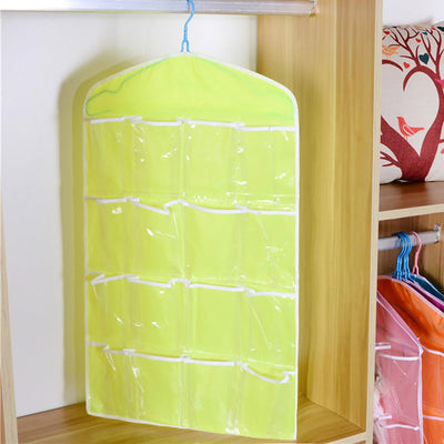 Green wardrobe hanging storage bag, portable 16-pocket hanging organizer bag, can store socks, bras and underwear, wardrobe organizer bag, back door storage bag.