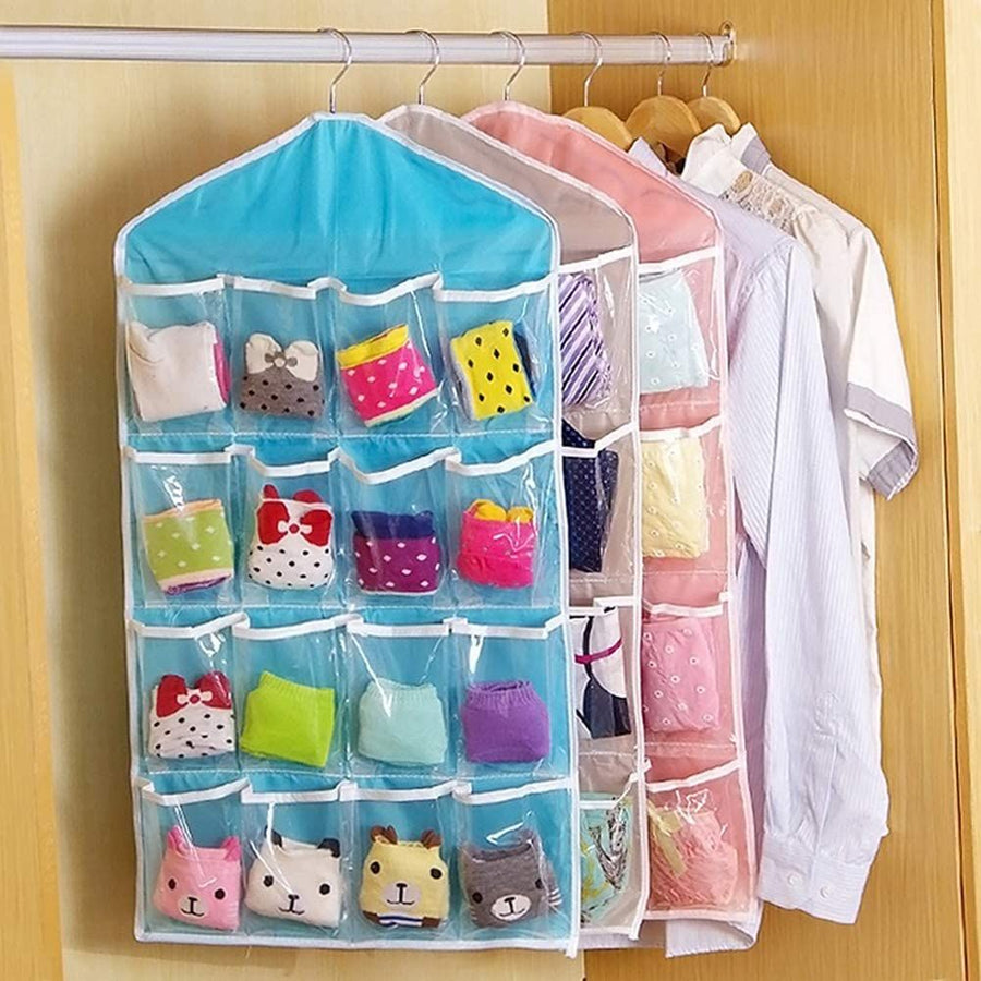 Blue hanging wardrobe organizer bag, portable 16-pocket hanging organizer bag, can store socks, bras and underwear, wardrobe organizer bag, back door storage bag.