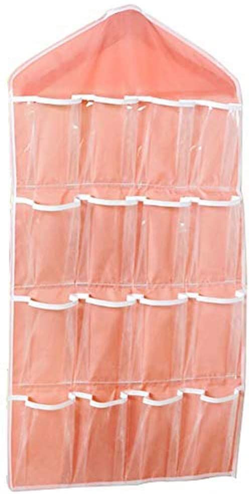 Pink wardrobe hanging storage bag, portable 16-pocket hanging organizer bag, can store socks, bras and underwear, wardrobe organizer bag, back door storage bag.