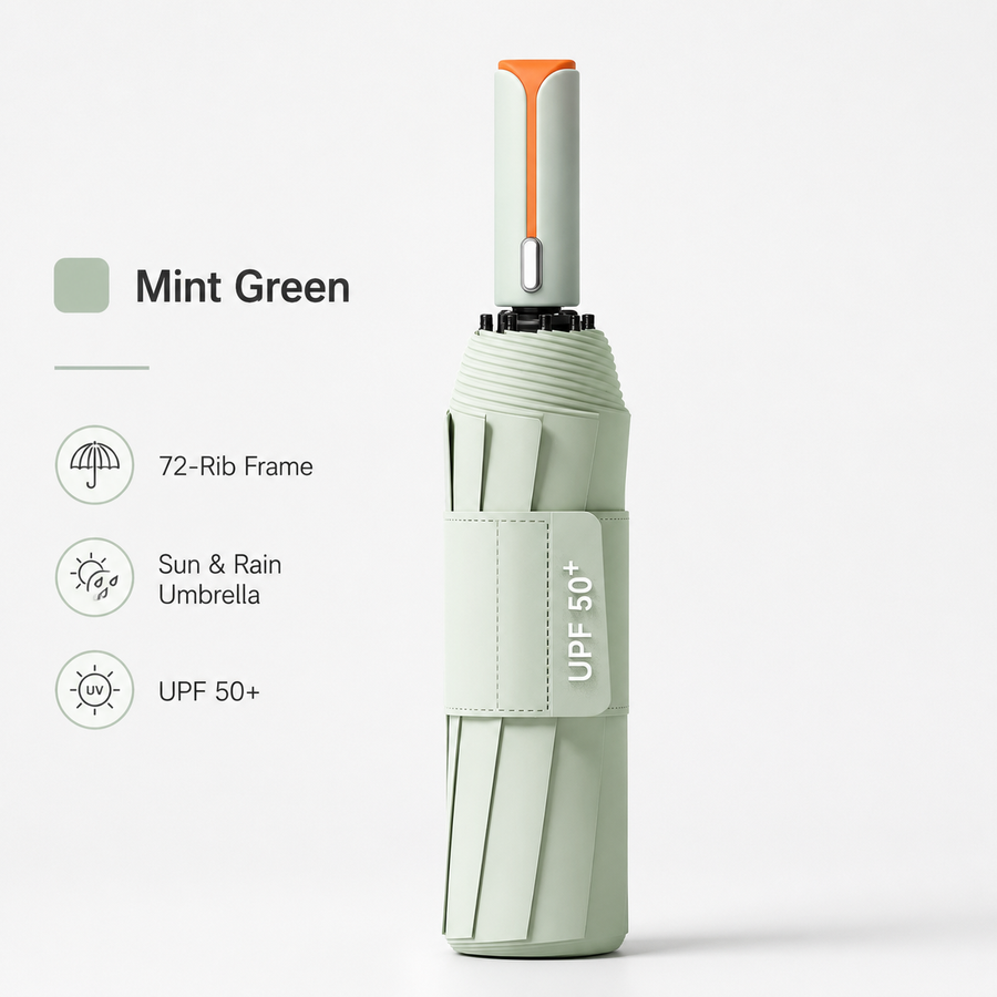 Light green automatic travel umbrella with 60 ribs, large double-layered windproof and rainproof umbrella, portable folding sun umbrella, outdoor rain and sun protection.