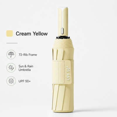 Yellow automatic travel umbrella with 60 ribs, large double-layered wind and rainproof umbrella, portable folding sun umbrella, outdoor rain and sun protection.