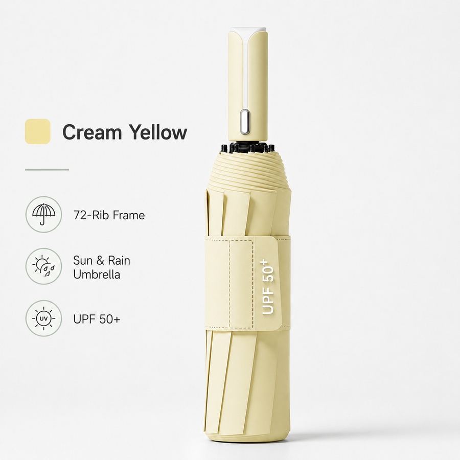 Yellow automatic travel umbrella with 60 ribs, large double-layered wind and rainproof umbrella, portable folding sun umbrella, outdoor rain and sun protection.