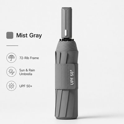 Gray automatic travel umbrella with 60 ribs, large double-layered weatherproof umbrella, portable folding sun umbrella, outdoor rain and sun protection.