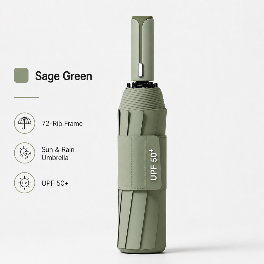 Dark green automatic travel umbrella with 72 ribs, large double-layered windproof and rainproof umbrella, portable folding sun umbrella, outdoor rain and sun protection.