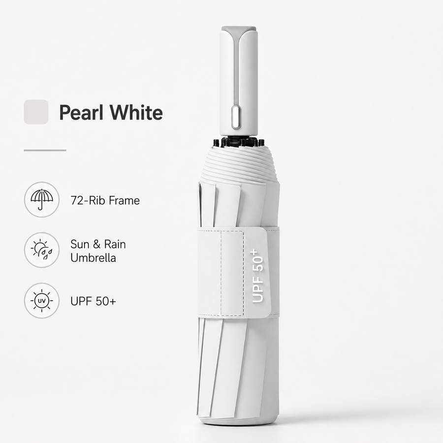 White automatic travel umbrella with 60 ribs, large double-layered wind and rainproof umbrella, portable folding sun umbrella, outdoor rain and sun protection.