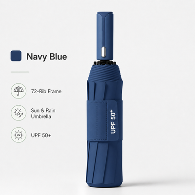 Navy blue automatic travel umbrella with 72 ribs, large double-layered windproof and rainproof umbrella, portable folding sun umbrella, outdoor rain and sun protection.