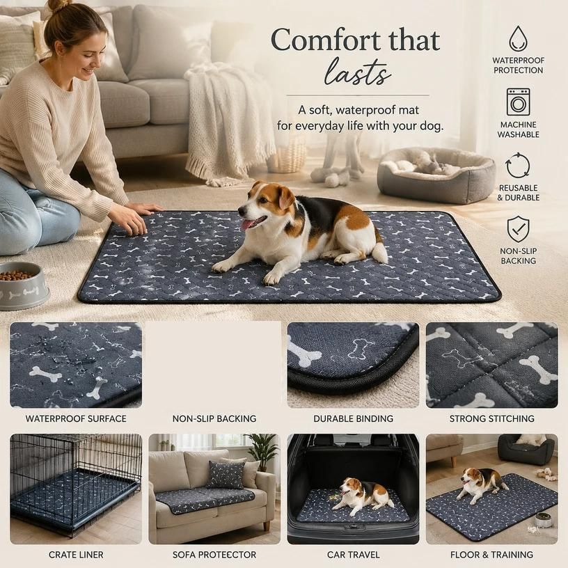 2pcs Grey Bone Print Pet Pad, Size S (50×35cm)