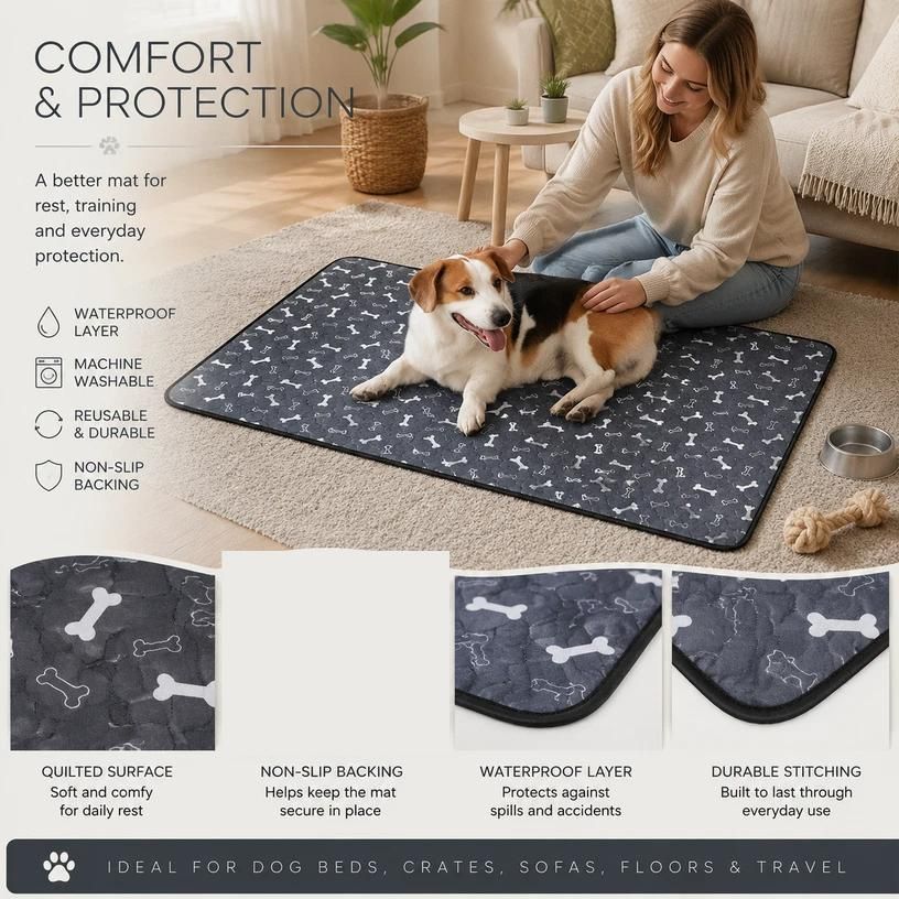 2pcs Grey Bone Print Pet Pad, Size M (60×45cm)