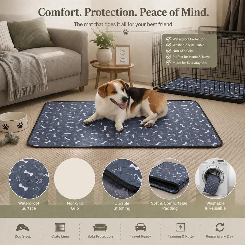 2pcs Grey Bone Print Pet Pad, Size L (70×50cm)