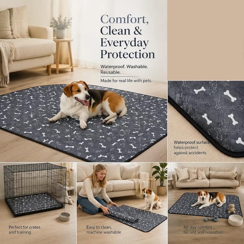 2pcs Grey Bone Print Pet Pad, Size XL (100×70cm)