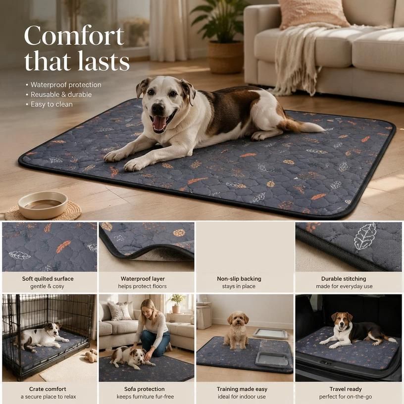 2pcs Grey Leaf Print Pet Pad, Size M (60×45cm)