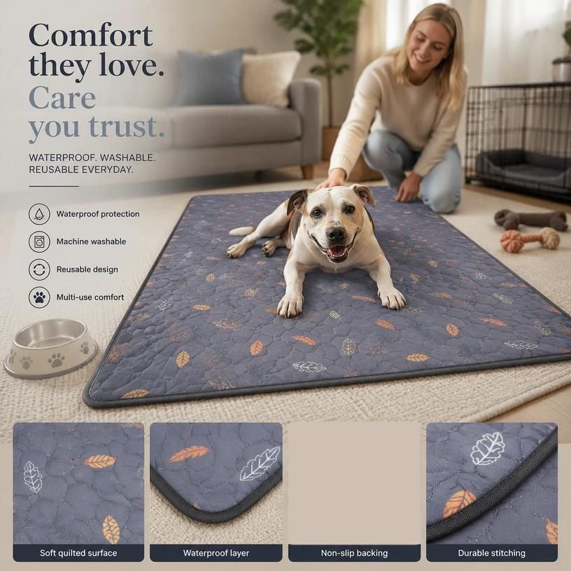 2pcs Grey Leaf Print Pet Pad, Size XL (100×70cm)