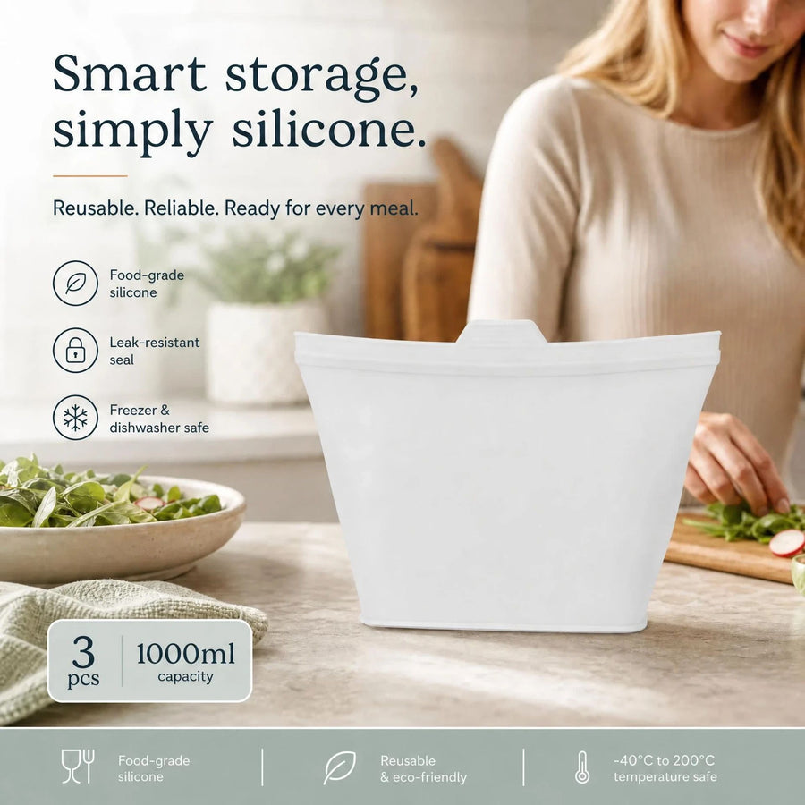 3 Pack Food-Grade Silicone Food Storage Bags, Clear, 1000ml