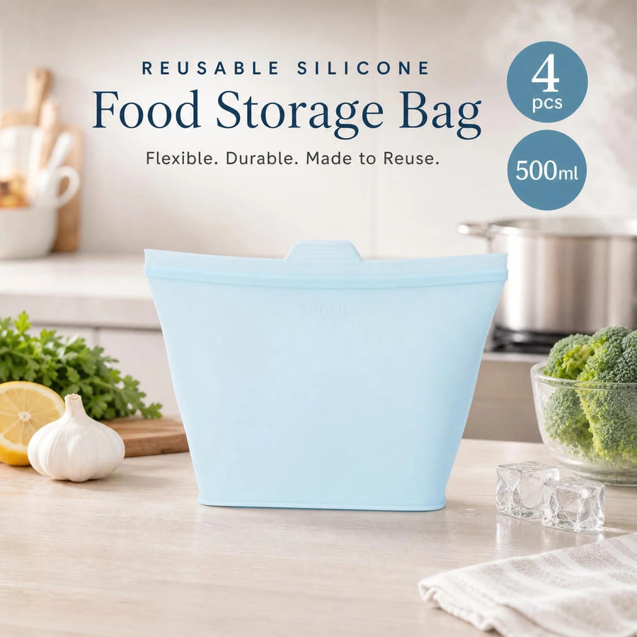 4 Pack Food-Grade Silicone Food Storage Bags, Light Blue, 500ml