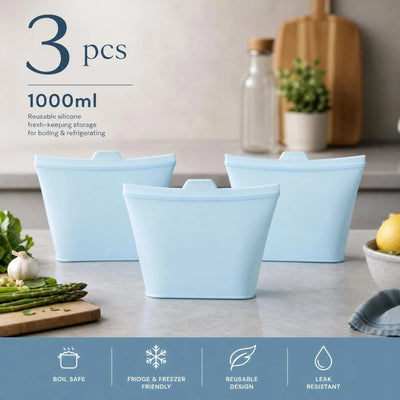 3 Pack Food-Grade Silicone Food Storage Bags, Light Blue, 1000ml