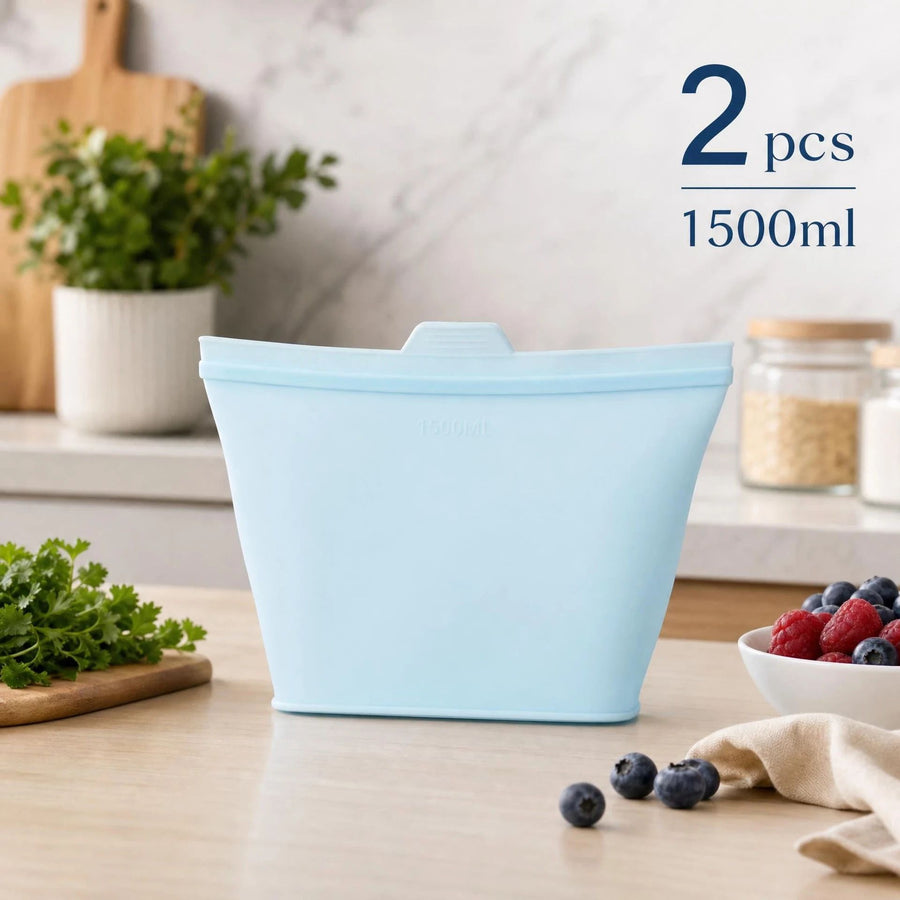 2 PackFood-Grade Silicone Food Storage Bags, Light Blue, 1500ml