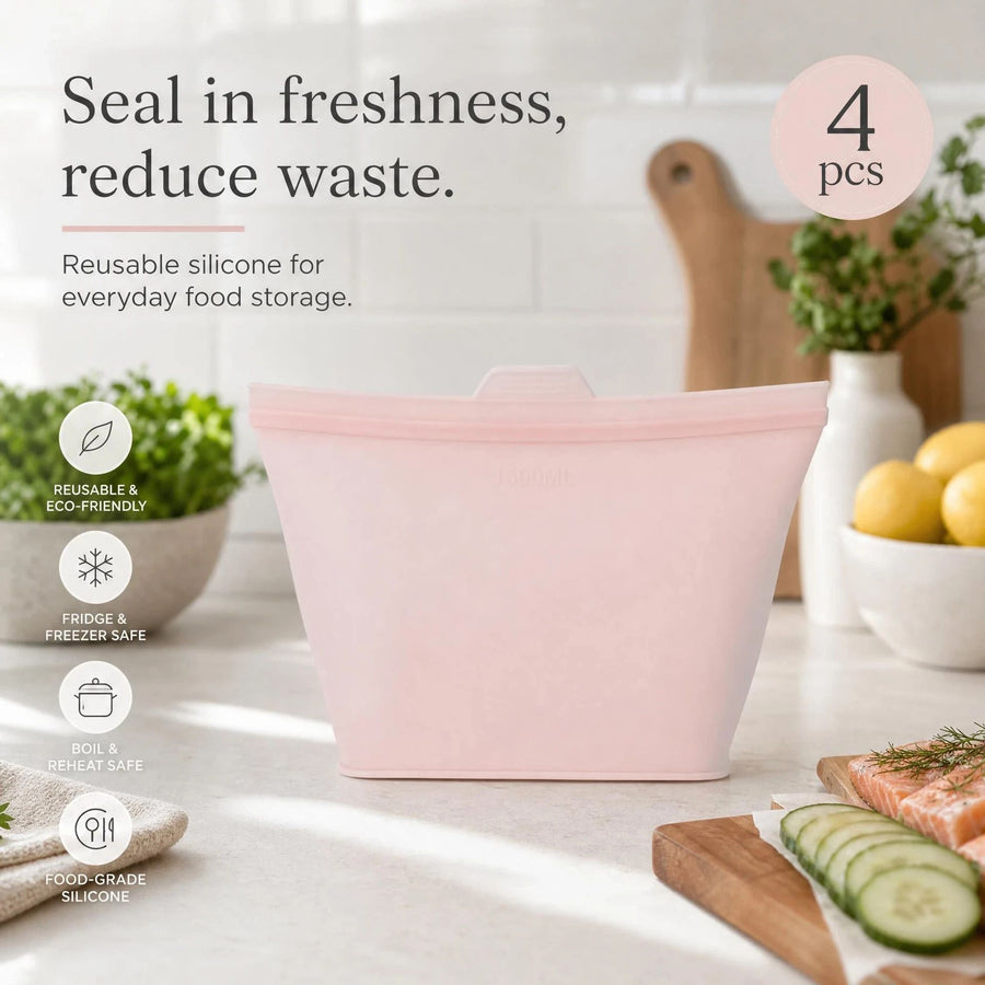 4 Pack Food-Grade Silicone Food Storage Bags, Light Pink, 500ml