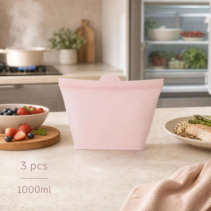 3 Pack Food-Grade Silicone Food Storage Bags, Light Pink, 1000ml