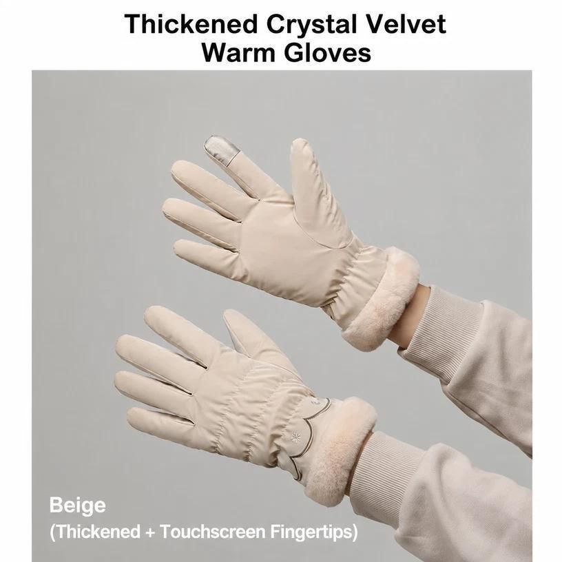2 Pairs Thermal Gloves,Fleece Lined Lace - Beige