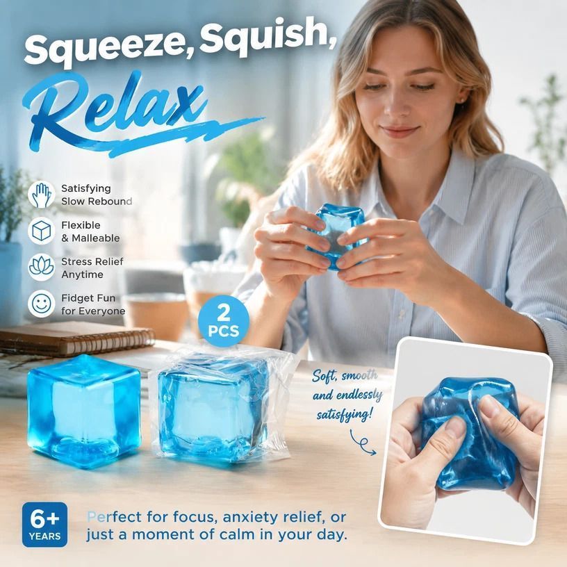 Crisp Blue Ice Cube Squishy 5cm 2 Pack, Twin Coastal Chill Sensory Toys