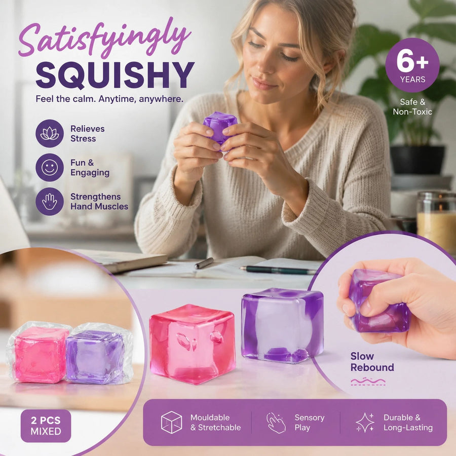 Mixed Pink & Purple Ice Cube Squishy 5cm 2 Pack, Balanced Pastel Relax Pair