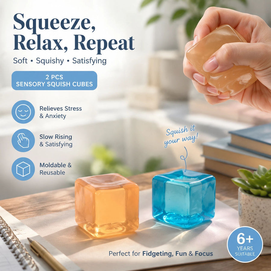 Mixed Blue & Yellow Ice Cube Squishy 5cm 2 Pack, Bright Cool Relax Duo