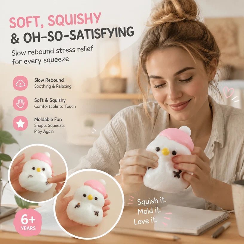 Mud Texture Food Squishy Slow Rebound Fidget, Calming Desk Toy – Pink Snowman