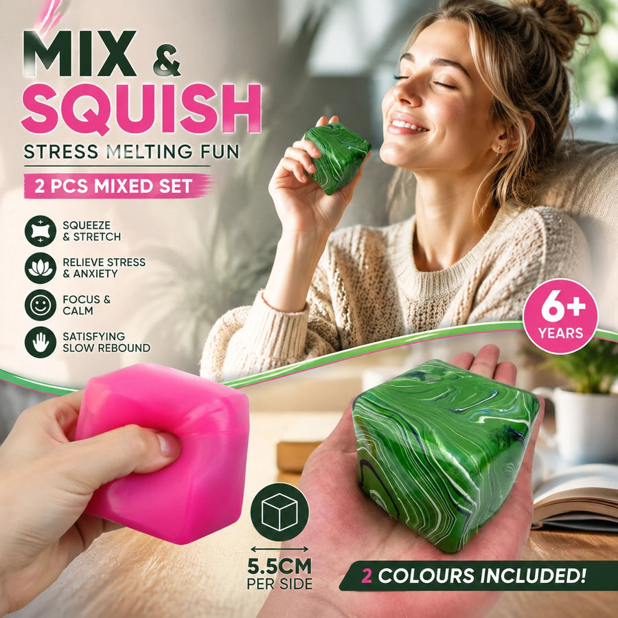 Gentle Fresh Solid Pink + Marbled Green Ice Cube Squishy 2 Pack
