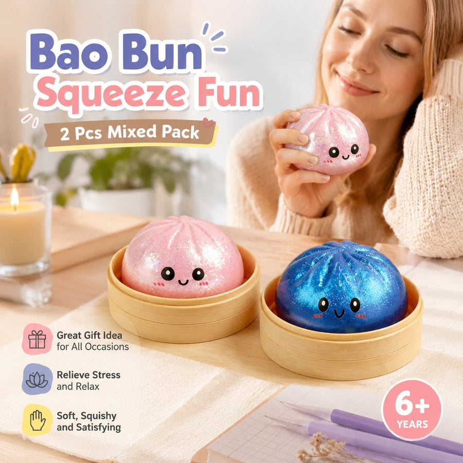 Stress Relief Duo Glitter Pink & Glitter Blue Bun Squishy 2 Pack, Trendy Gift Set