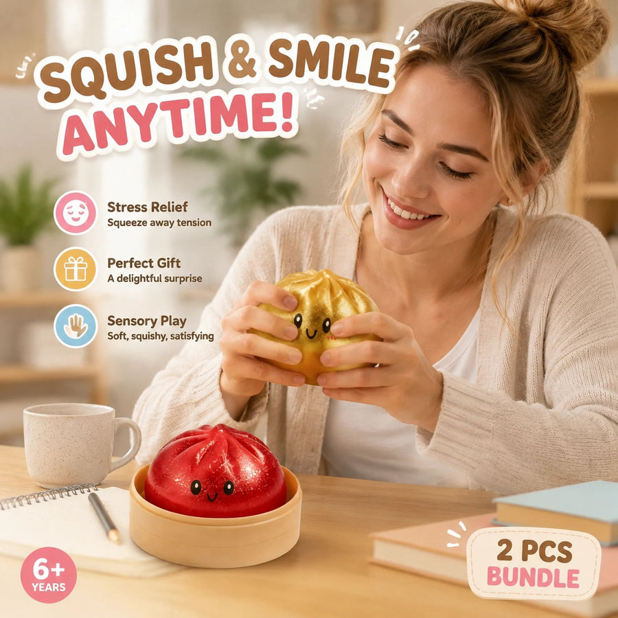 Stress Relief Duo Glitter Salmon Pink & Glitter Gold Bun Squishy 2 Pack, Sunny Birthday Pair