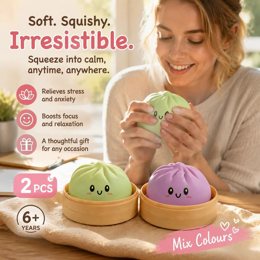 Stress Relief Duo Plain Green & Plain Purple Bun Squishy 2 Pack, Gentle Souvenir Pair