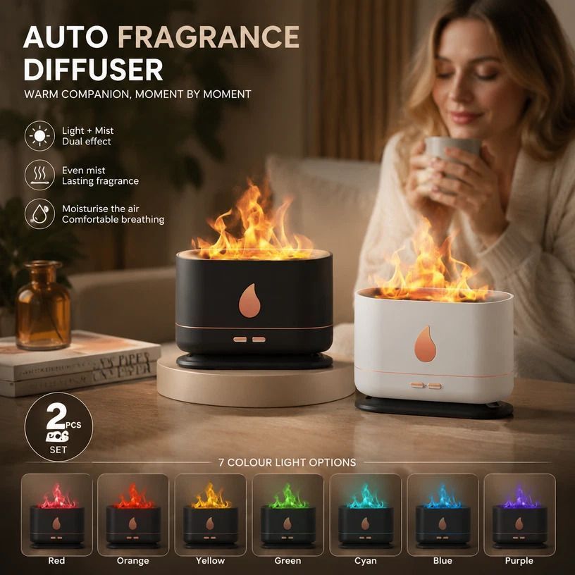 2 Pack USB Flame Diffuser, White & Black RGB Light Pair