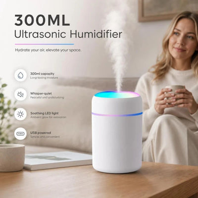 USB Mini Humidifier 300ML Dual Cotton Wicks White Boxed, Home Xmas Gift