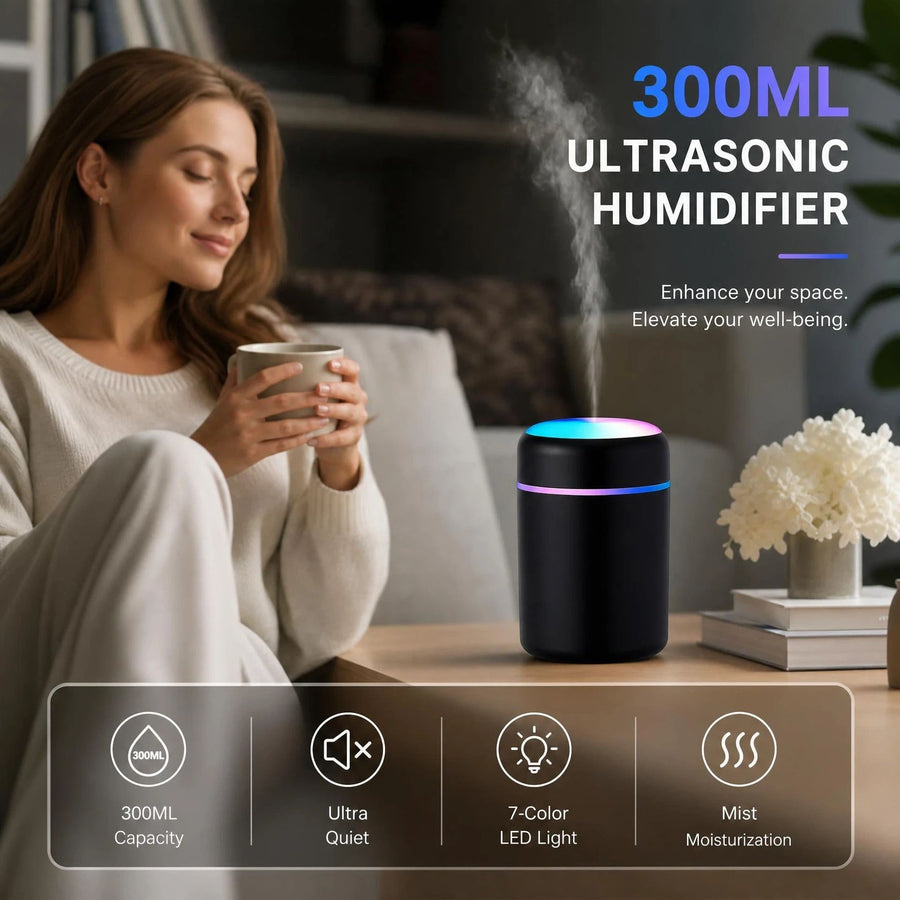 USB Mini Humidifier 300ML Dual Cotton Wicks Black Boxed, Bedroom Gift