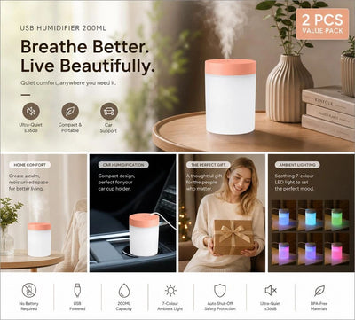 2 Pack USB Humidifier Pink, Festive Gift Pair