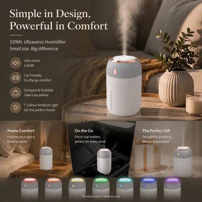 USB Colour Light Mini Humidifier 330ML Grey, Stocking Filler Gift