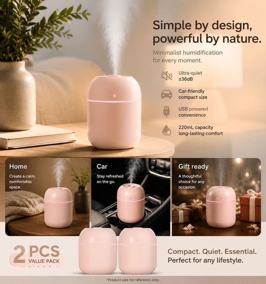 2 Pack Water Drop Humidifier 220ML Pink, Holiday Gift Set