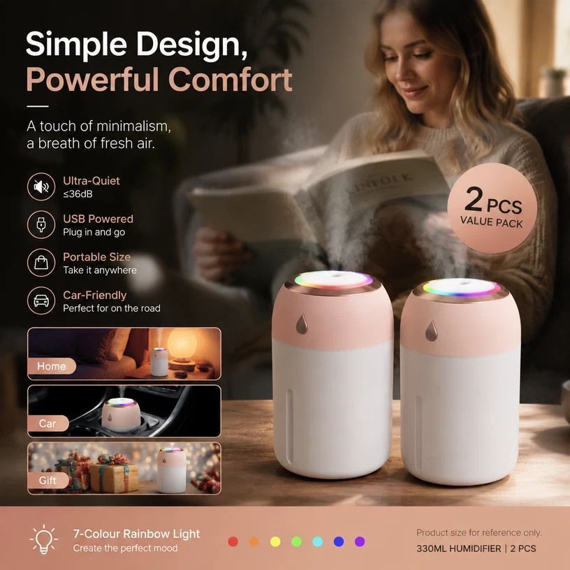 2 Pack Colour Light Humidifier 330ML Pink, Festive Bundle