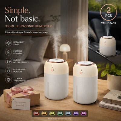 2 Pack Colour Light Humidifier 330ML White, Christmas Hamper Filler