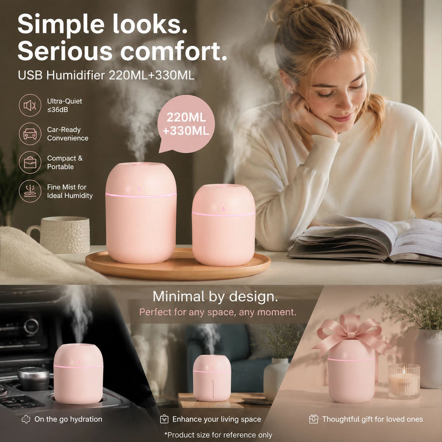 2 Pack Water Drop Humidifier Pink 220ML+330ML Combo, Holiday Present